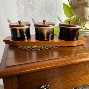 Vintage Ceramic And Wood USA Sauce Set